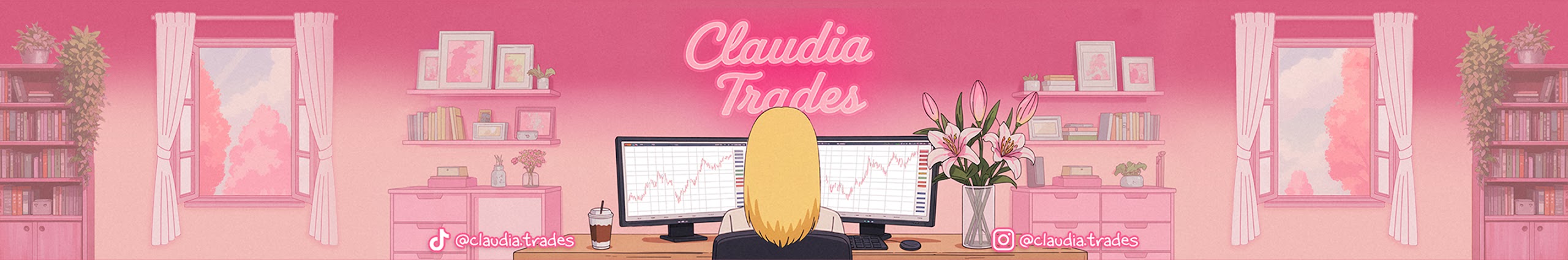 Pink illustrated trading room. Claudia sits at two chart screens, with lilies, books, and the name Claudia Trades on the wall.